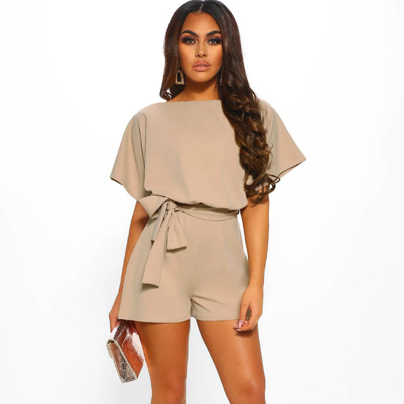 Shorts Fashion Solid Color Belted Short-sleeved Jumpsuit