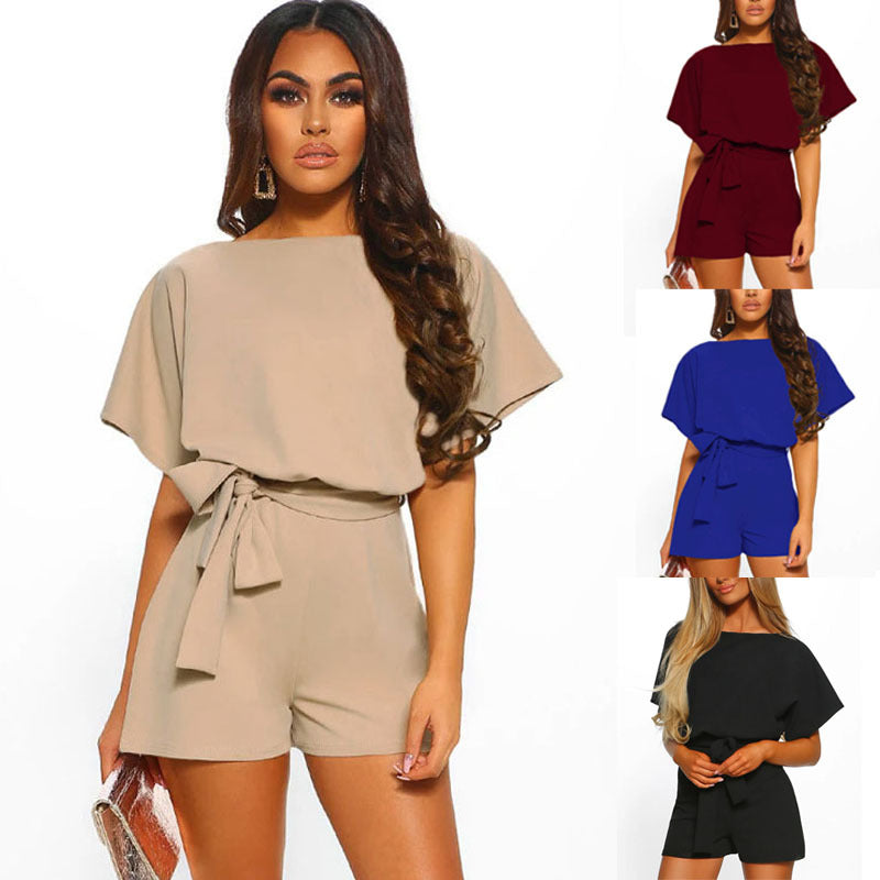 Shorts Fashion Solid Color Belted Short-sleeved Jumpsuit