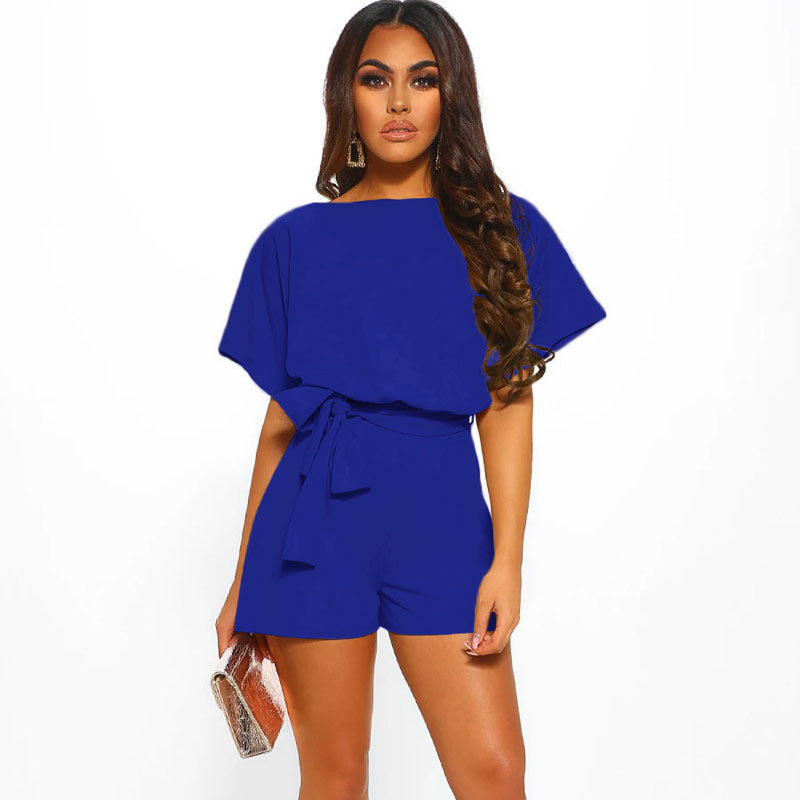 Shorts Fashion Solid Color Belted Short-sleeved Jumpsuit
