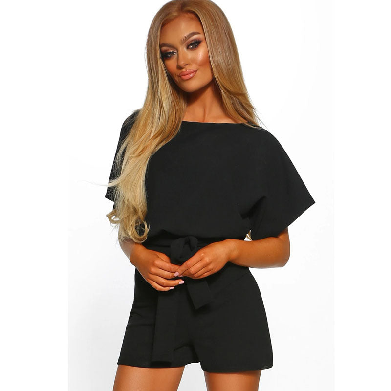 Shorts Fashion Solid Color Belted Short-sleeved Jumpsuit