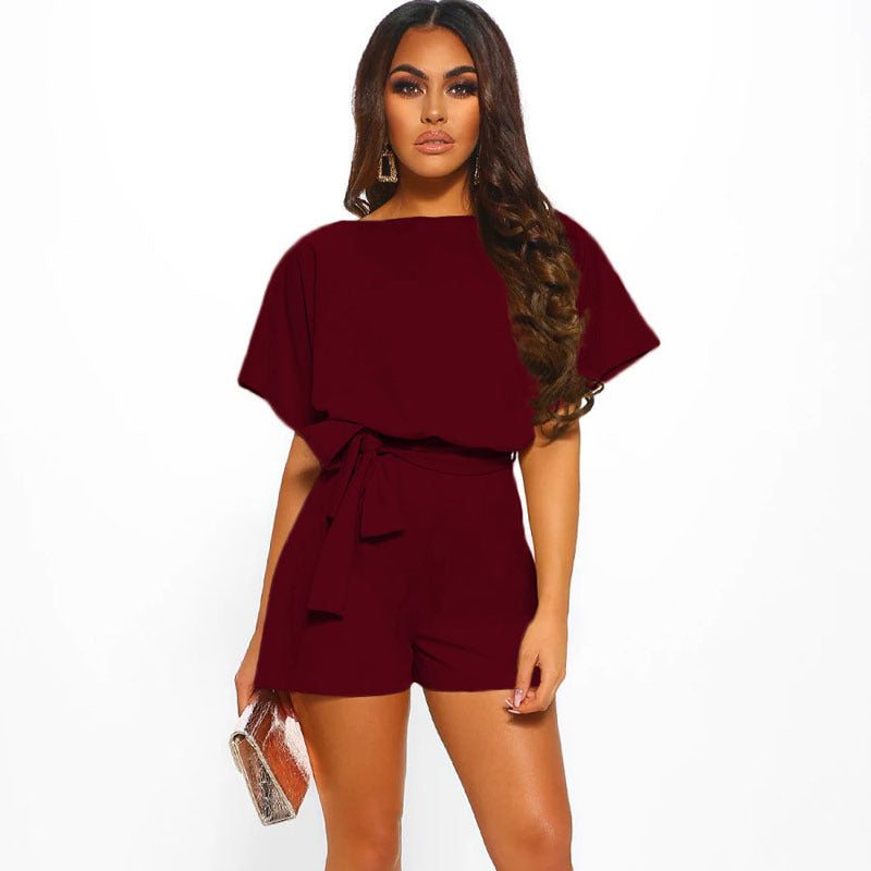 Shorts Fashion Solid Color Belted Short-sleeved Jumpsuit