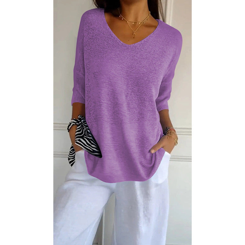 Casual Sweater Basic Slim V-neck 3/4 Sleeve Solid Color Knitwear Women&#039;s Bottoming Shirt