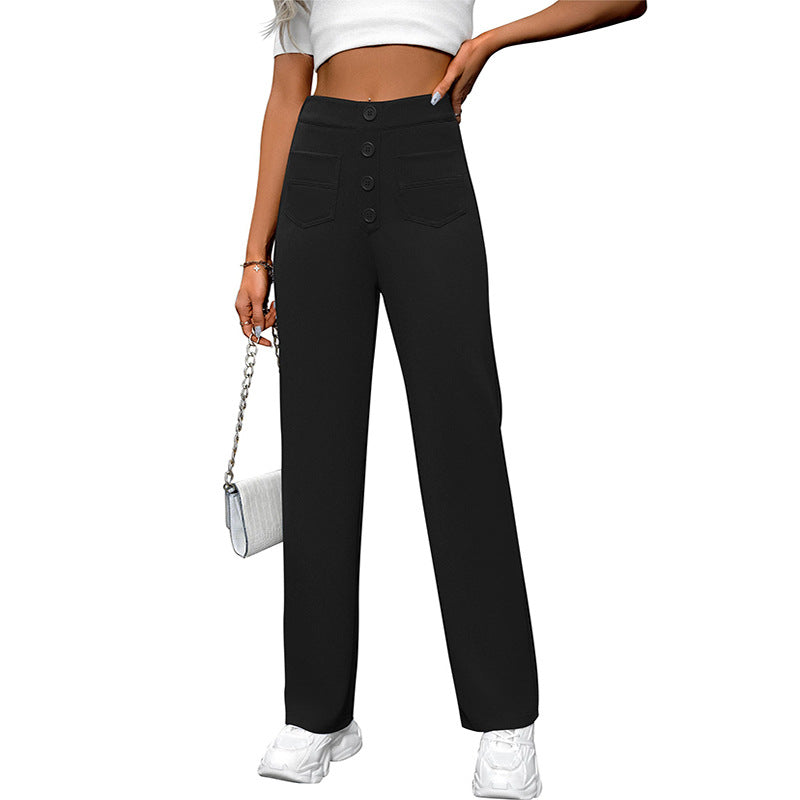 Spring And Autumn New Women&#039;s High Waist Pocket Wide Leg Button Casual Loose Straight Pants Trousers