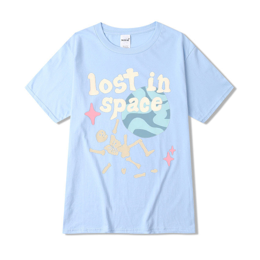 Japanese Street Fun Style Alphabet Skull Bone T-shirt Short-sleeved Men&#039;s Summer Hong Kong Style Loose Casual Earth Print T-shirt