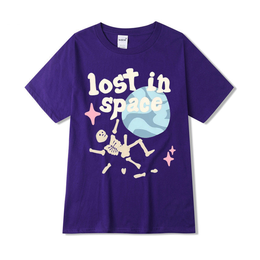 Japanese Street Fun Style Alphabet Skull Bone T-shirt Short-sleeved Men&#039;s Summer Hong Kong Style Loose Casual Earth Print T-shirt