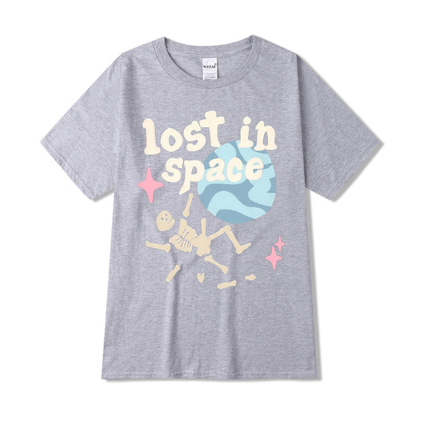 Japanese Street Fun Style Alphabet Skull Bone T-shirt Short-sleeved Men&#039;s Summer Hong Kong Style Loose Casual Earth Print T-shirt