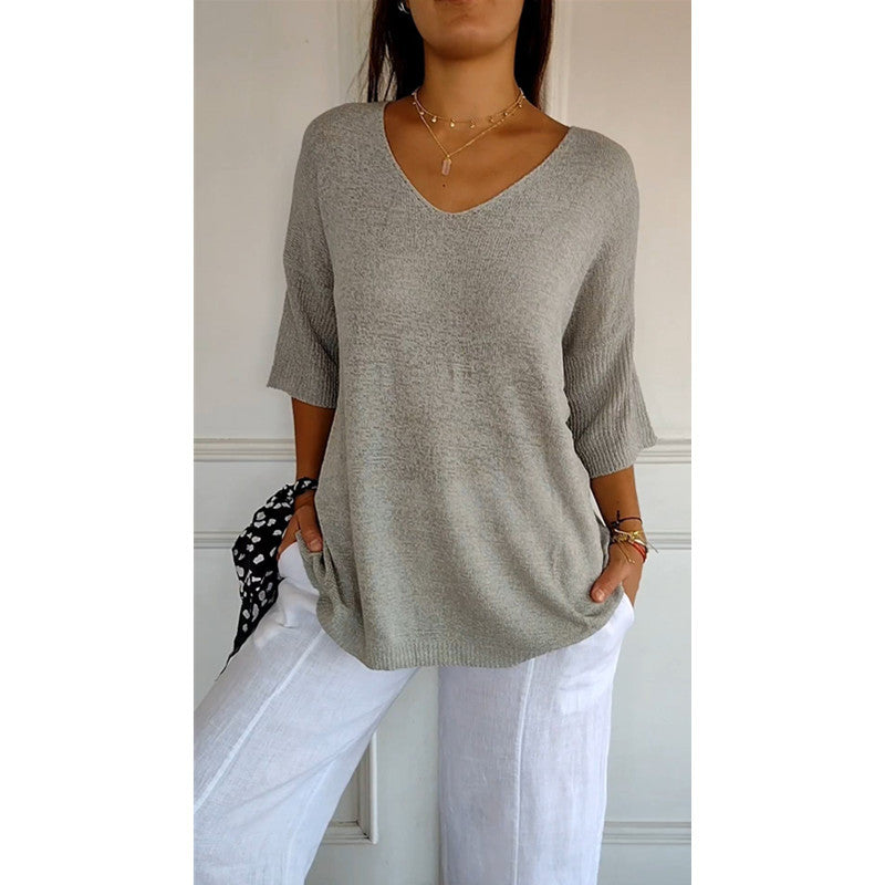 Casual Sweater Basic Slim V-neck 3/4 Sleeve Solid Color Knitwear Women&#039;s Bottoming Shirt
