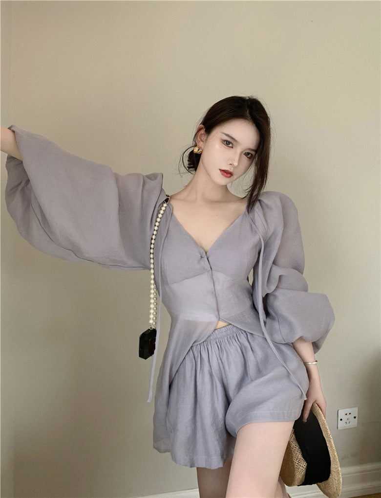Sun-Kissed Vixen V-neck long-sleeved shirt and shorts