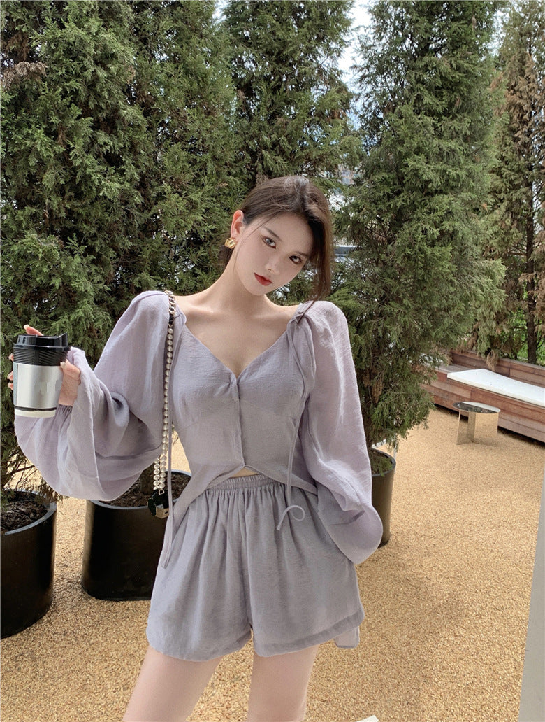 Sun-Kissed Vixen V-neck long-sleeved shirt and shorts