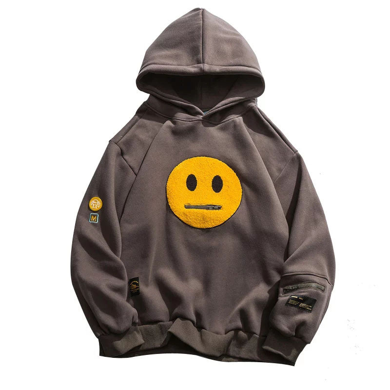 Cross-border Autumn And Winter Men&#039;s Hoodie Top Street Pullover Sweater Zipper Pocket Smile Face Patchwork Fleece Hoodie