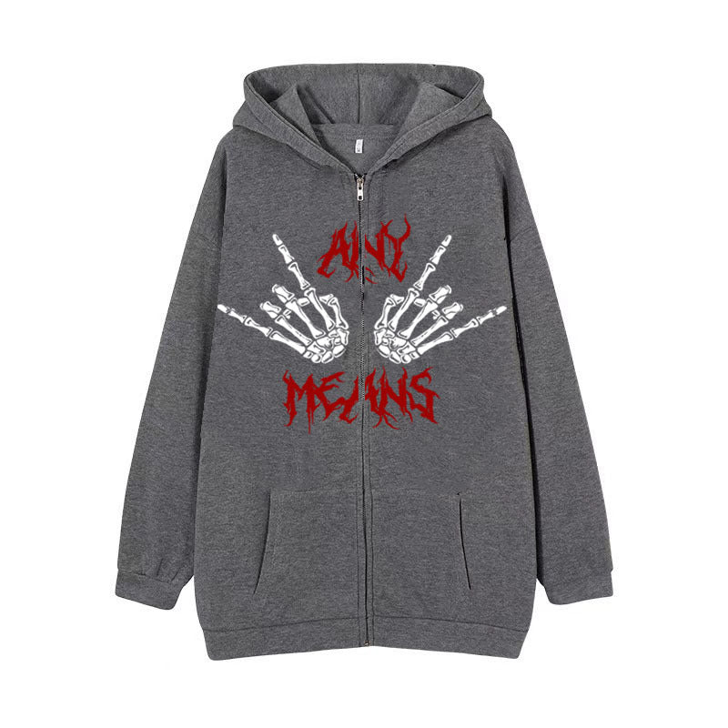 Diablo Series Zipper Sweater Punk Style Hand Bone Print Hoodie Niche Gothic Cardigan Fleece Jacket