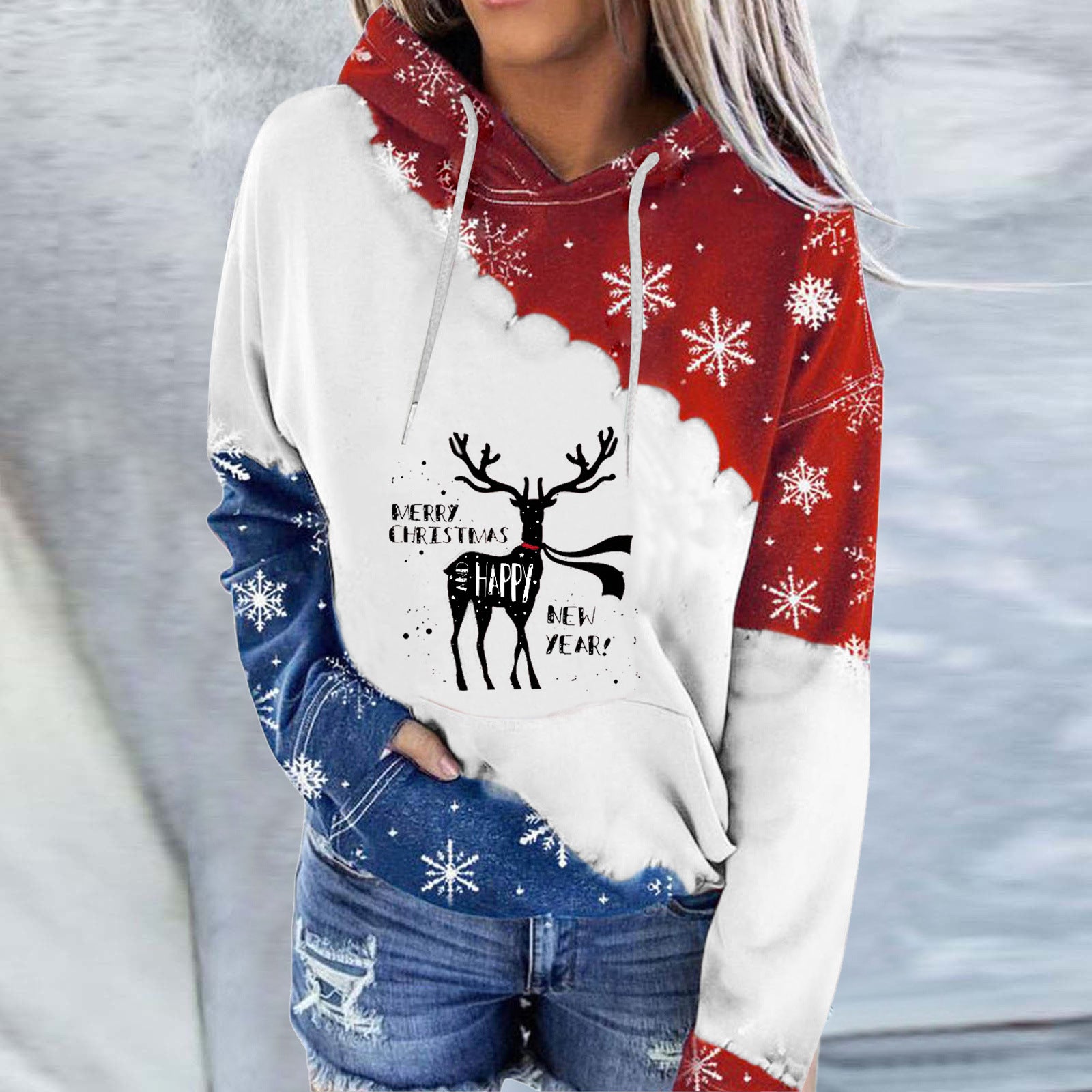 Ladies Christmas Snowman Print Round Neck Hoodie Long Sleeve Sweatshirt