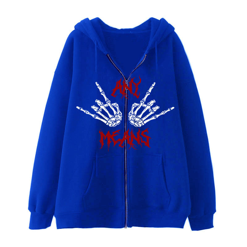 Diablo Series Zipper Sweater Punk Style Hand Bone Print Hoodie Niche Gothic Cardigan Fleece Jacket