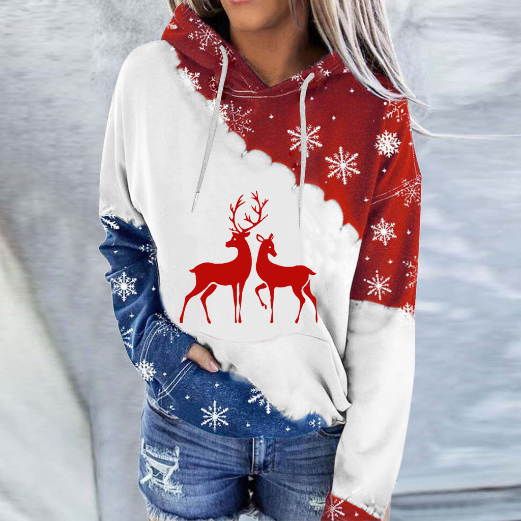 Ladies Christmas Snowman Print Round Neck Hoodie Long Sleeve Sweatshirt
