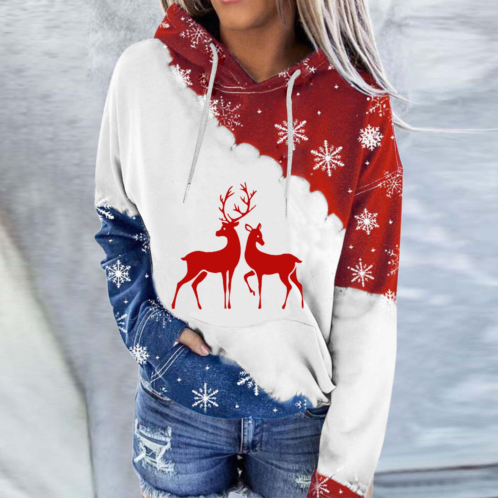 Ladies Christmas Snowman Print Round Neck Hoodie Long Sleeve Sweatshirt