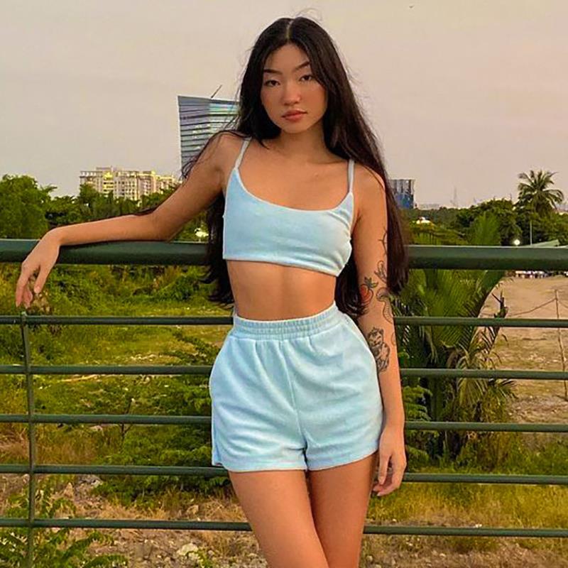 Backless Thin And High Waist Solid Color Shorts Two-piece Suit