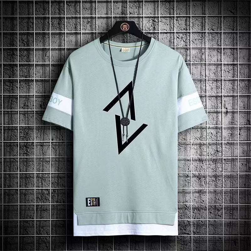 Summer Fake Two-piece Short-sleeved T-shirt Men&#039;s Youth Clothes Trendy Casual Round Neck Simple Printed Top Men&#039;s Half-sleeved T-shirt