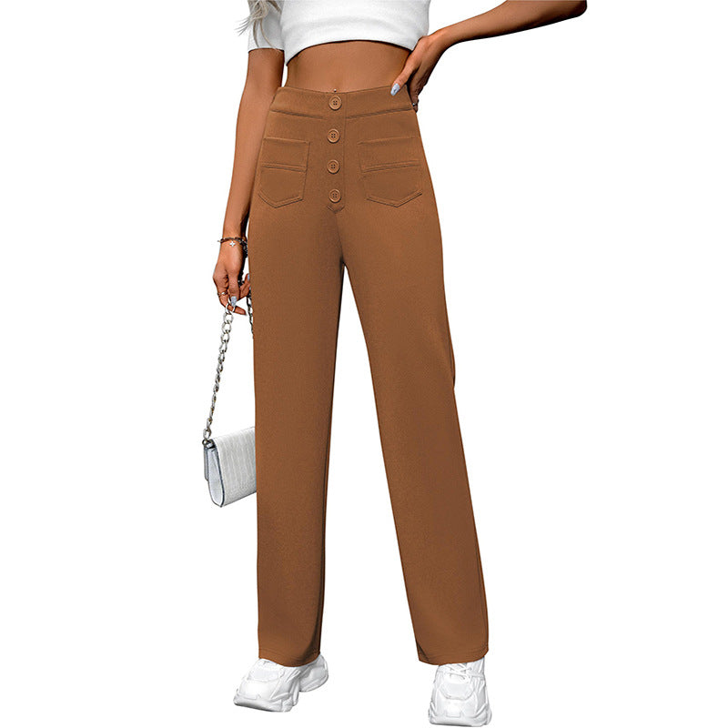 Spring And Autumn New Women&#039;s High Waist Pocket Wide Leg Button Casual Loose Straight Pants Trousers