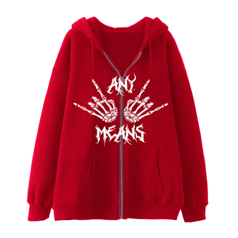 Diablo Series Zipper Sweater Punk Style Hand Bone Print Hoodie Niche Gothic Cardigan Fleece Jacket