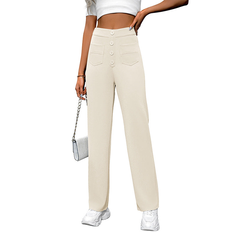 Spring And Autumn New Women&#039;s High Waist Pocket Wide Leg Button Casual Loose Straight Pants Trousers