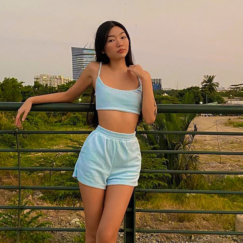 Backless Thin And High Waist Solid Color Shorts Two-piece Suit