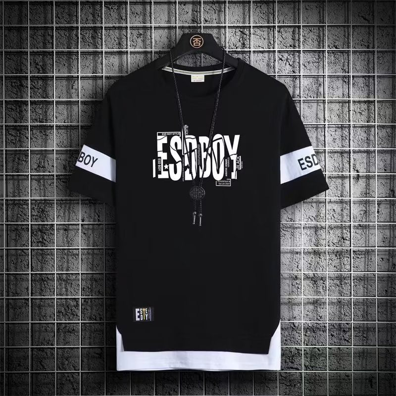 Summer Fake Two-piece Short-sleeved T-shirt Men&#039;s Youth Clothes Trendy Casual Round Neck Simple Printed Top Men&#039;s Half-sleeved T-shirt