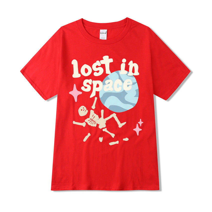 Japanese Street Fun Style Alphabet Skull Bone T-shirt Short-sleeved Men&#039;s Summer Hong Kong Style Loose Casual Earth Print T-shirt