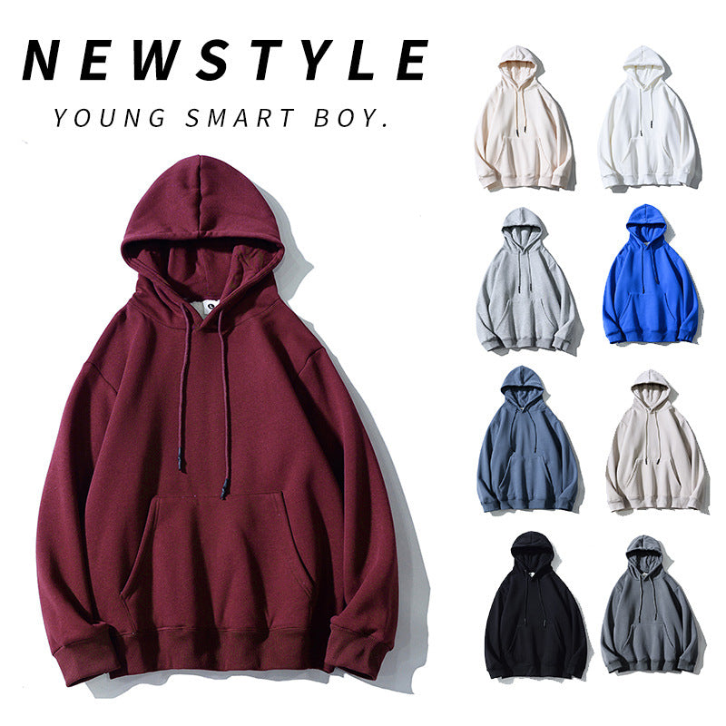 Heavy Non-fleece American Retro Hooded Sweater Men And Women Solid Color Lazy Wind Couple Hoodie Plus Fleece Jacket