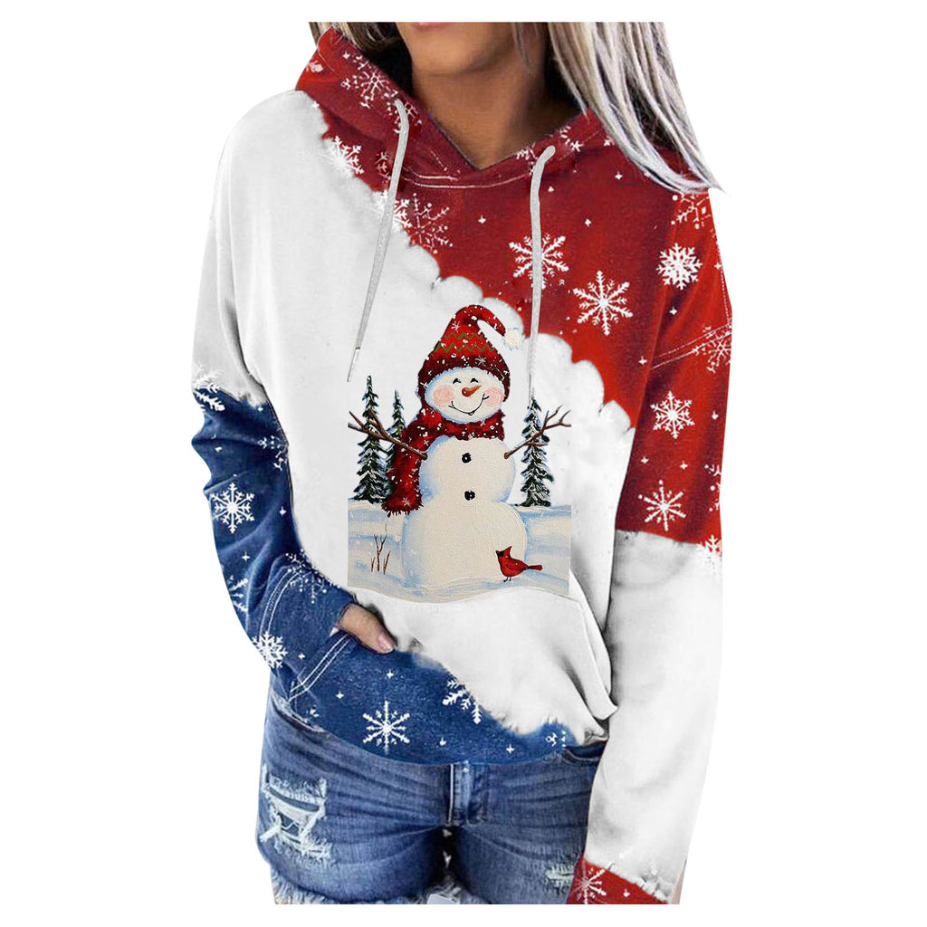 Ladies Christmas Snowman Print Round Neck Hoodie Long Sleeve Sweatshirt
