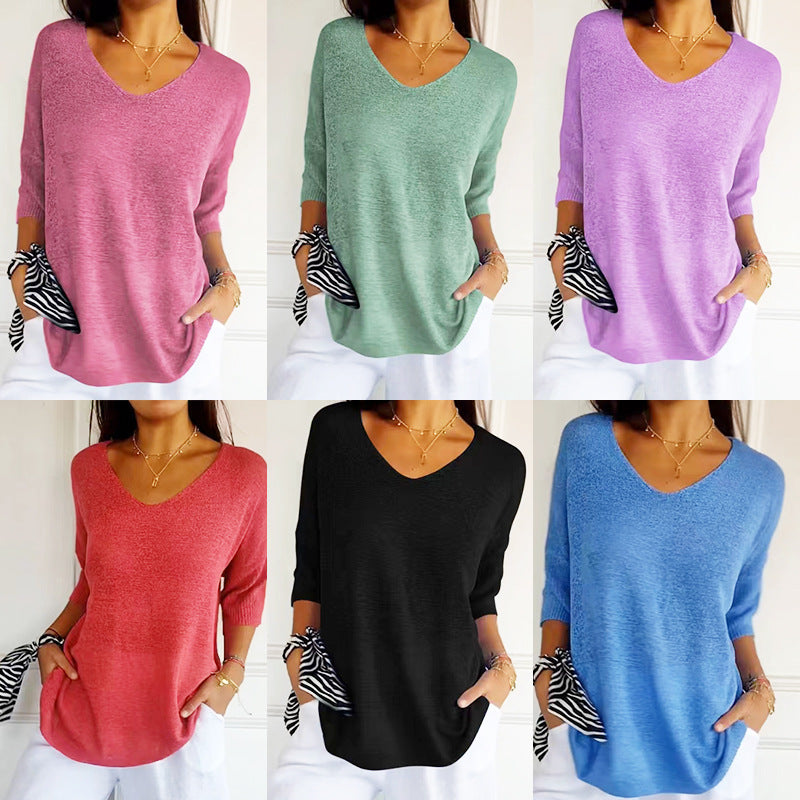 Casual Sweater Basic Slim V-neck 3/4 Sleeve Solid Color Knitwear Women&#039;s Bottoming Shirt