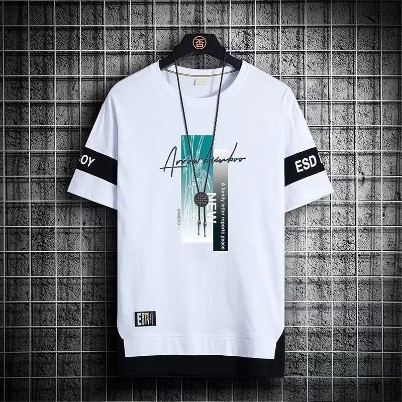 Summer Fake Two-piece Short-sleeved T-shirt Men&#039;s Youth Clothes Trendy Casual Round Neck Simple Printed Top Men&#039;s Half-sleeved T-shirt