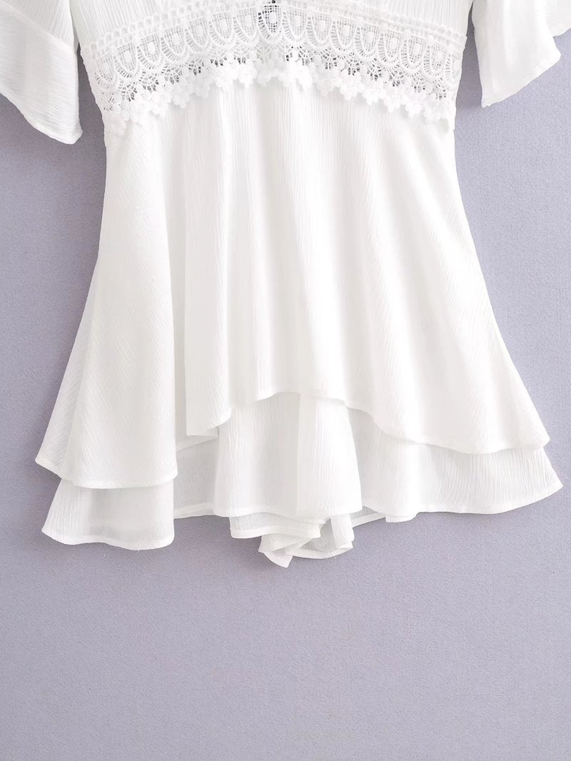 New Lace Stitching Mid-sleeved Jumpsuit Deep V-neck Tie Shorts