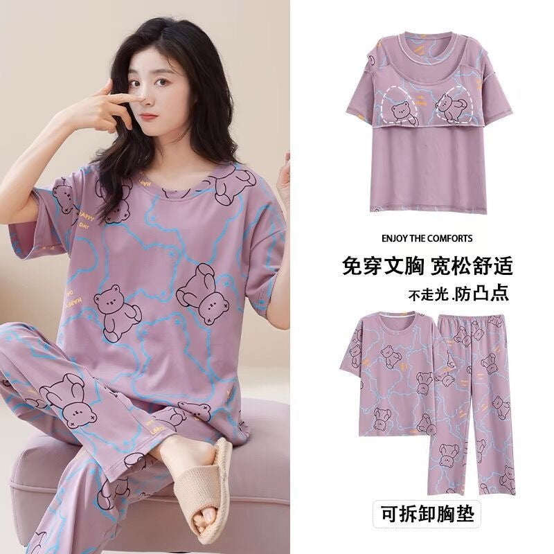 Short Sleeve Pants With Chest Pad Pajamas Women&#039;s Summer Two-piece Thin Home Clothes Large Size
