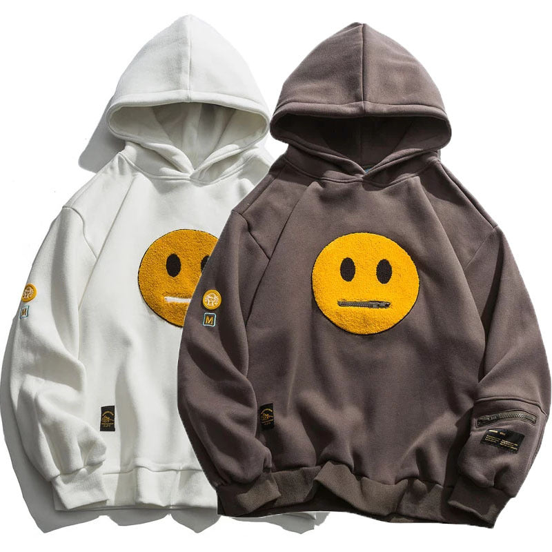 Cross-border Autumn And Winter Men&#039;s Hoodie Top Street Pullover Sweater Zipper Pocket Smile Face Patchwork Fleece Hoodie