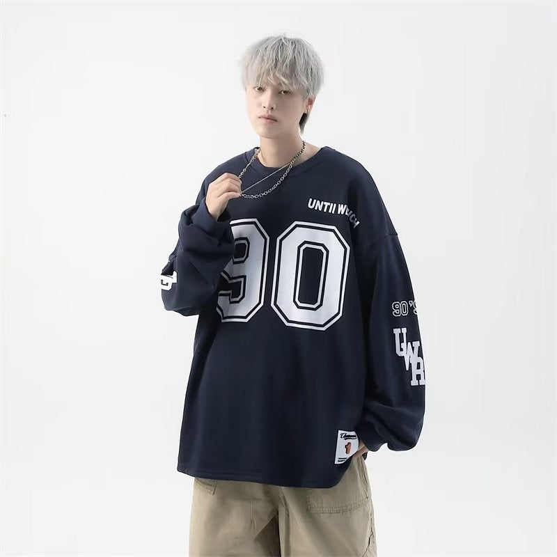 Autumn American Retro Street Tide Pullover T-shirt Printing Loose 90 Ice Hockey Uniform Long-sleeved T-shirt