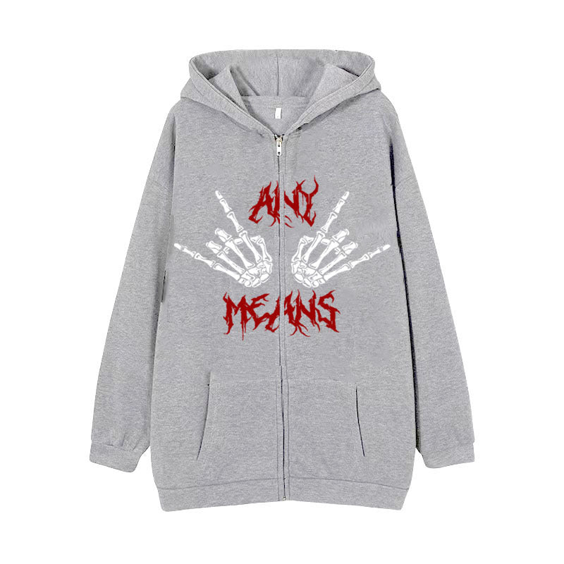 Diablo Series Zipper Sweater Punk Style Hand Bone Print Hoodie Niche Gothic Cardigan Fleece Jacket