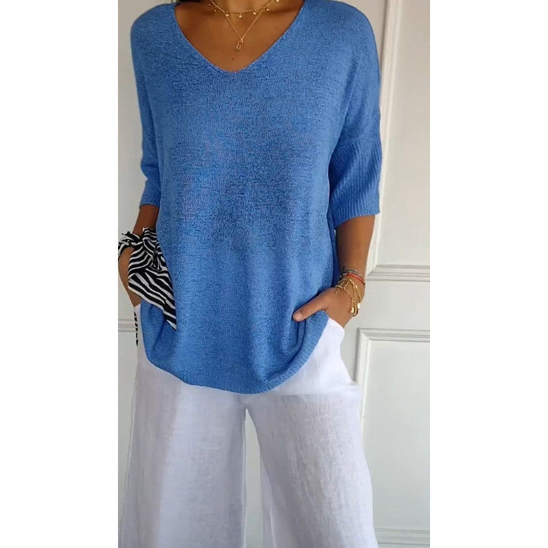 Casual Sweater Basic Slim V-neck 3/4 Sleeve Solid Color Knitwear Women&#039;s Bottoming Shirt