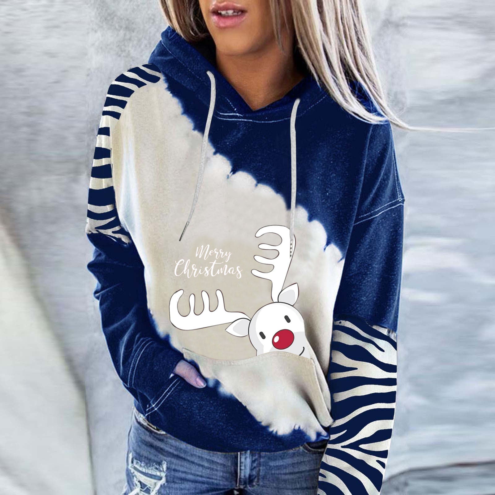 Ladies Christmas Snowman Print Round Neck Hoodie Long Sleeve Sweatshirt