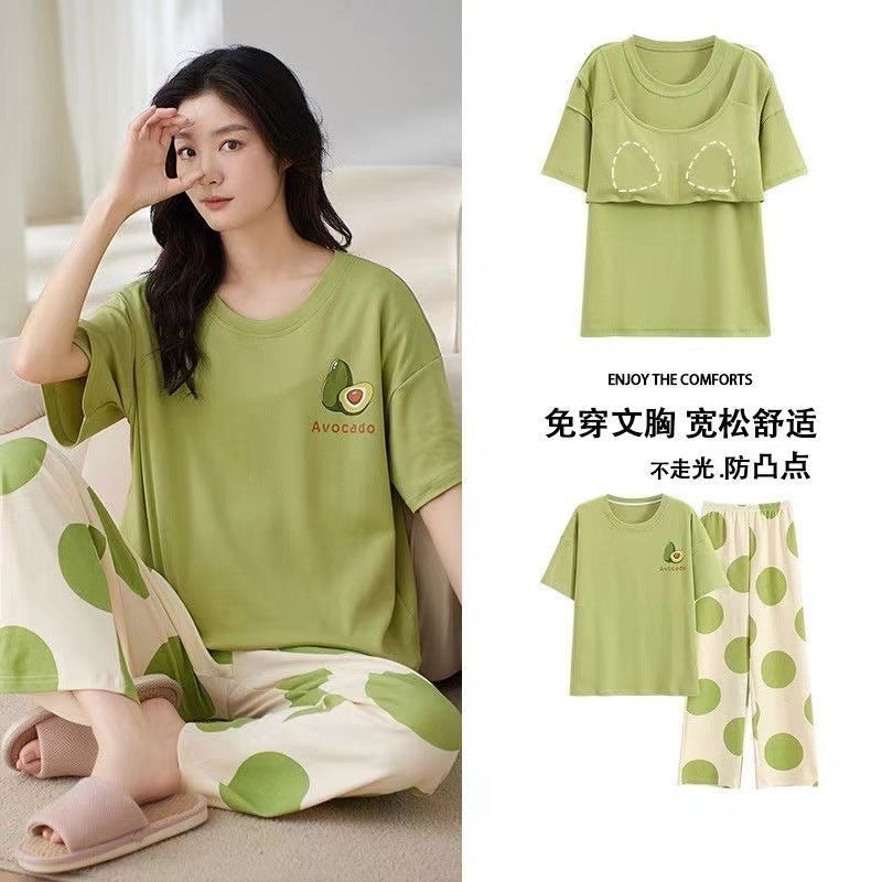 Short Sleeve Pants With Chest Pad Pajamas Women&#039;s Summer Two-piece Thin Home Clothes Large Size
