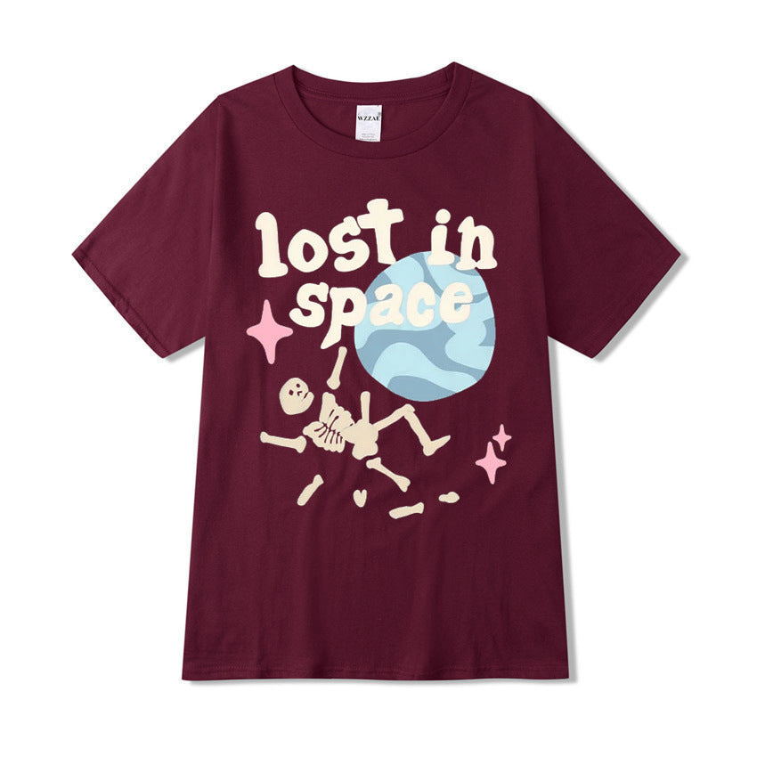 Japanese Street Fun Style Alphabet Skull Bone T-shirt Short-sleeved Men&#039;s Summer Hong Kong Style Loose Casual Earth Print T-shirt