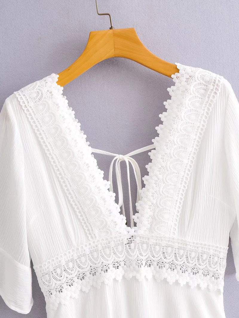 New Lace Stitching Mid-sleeved Jumpsuit Deep V-neck Tie Shorts