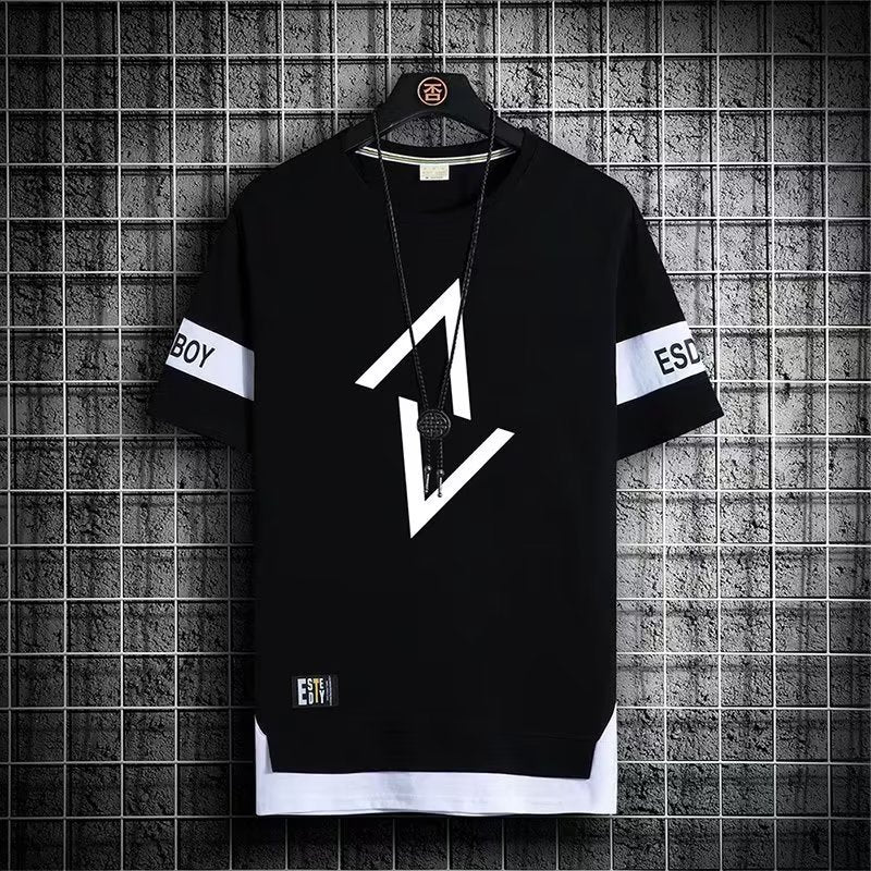 Summer Fake Two-piece Short-sleeved T-shirt Men&#039;s Youth Clothes Trendy Casual Round Neck Simple Printed Top Men&#039;s Half-sleeved T-shirt