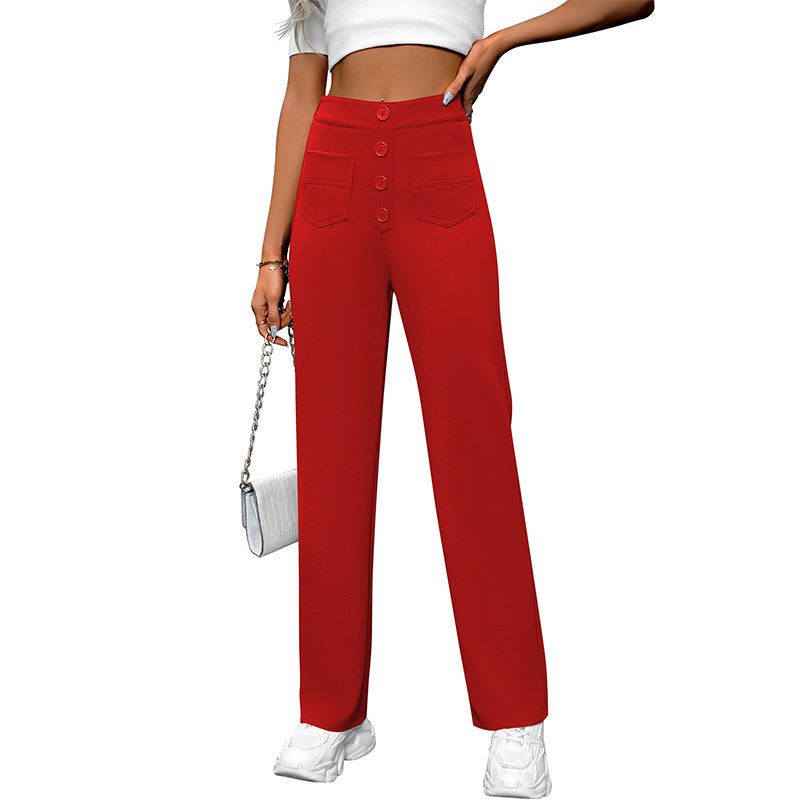 Spring And Autumn New Women&#039;s High Waist Pocket Wide Leg Button Casual Loose Straight Pants Trousers