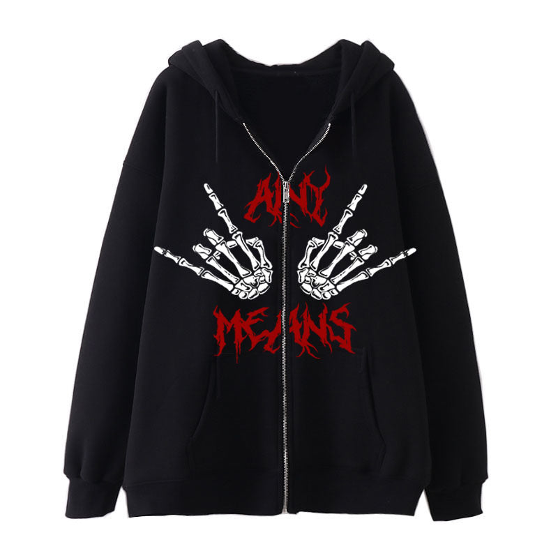 Diablo Series Zipper Sweater Punk Style Hand Bone Print Hoodie Niche Gothic Cardigan Fleece Jacket