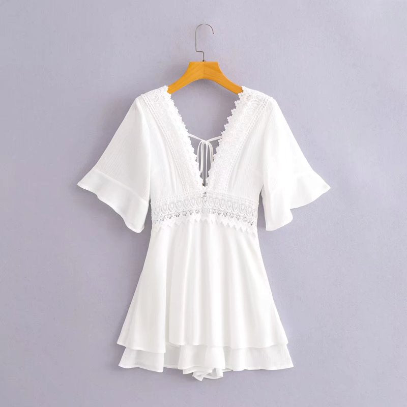 New Lace Stitching Mid-sleeved Jumpsuit Deep V-neck Tie Shorts