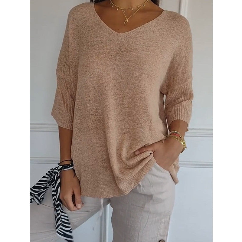 Casual Sweater Basic Slim V-neck 3/4 Sleeve Solid Color Knitwear Women&#039;s Bottoming Shirt