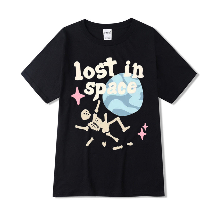 Japanese Street Fun Style Alphabet Skull Bone T-shirt Short-sleeved Men&#039;s Summer Hong Kong Style Loose Casual Earth Print T-shirt