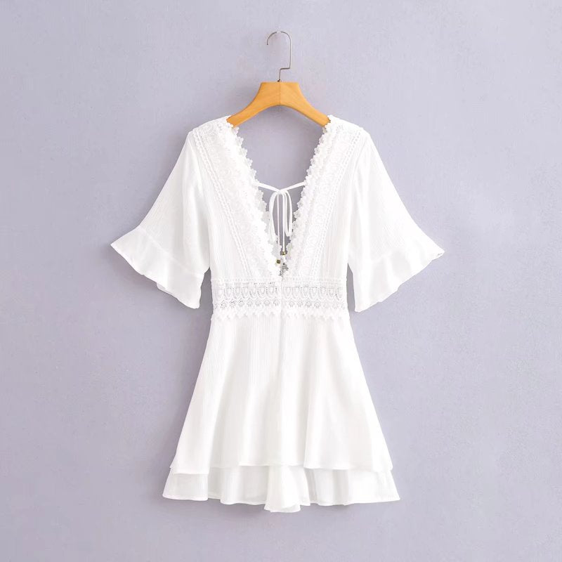 New Lace Stitching Mid-sleeved Jumpsuit Deep V-neck Tie Shorts